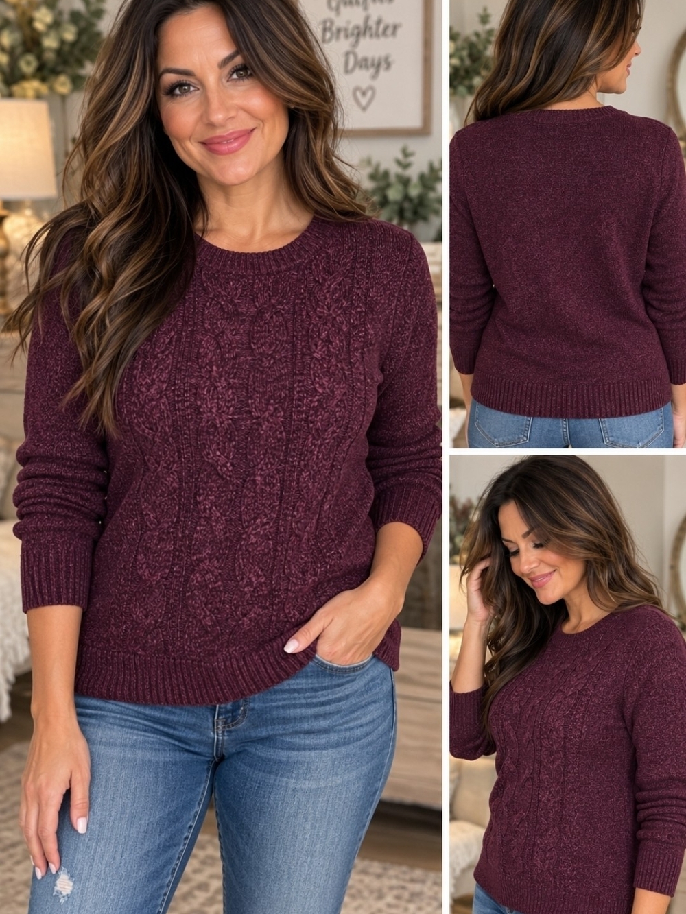 Karen Scott Cable-Knit Crew Sweater in Wine